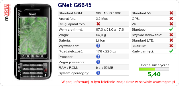 Dane telefonu GNet G6645