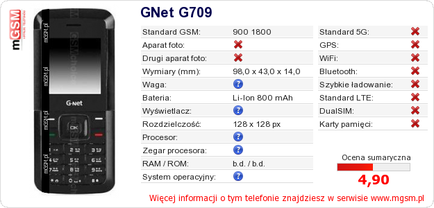 Dane telefonu GNet G709 Dane telefonu GNet G709
