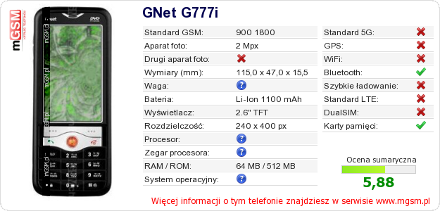 Dane telefonu GNet G777i Dane telefonu GNet G777i