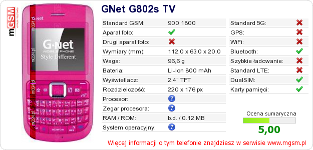 Dane telefonu GNet G802s TV