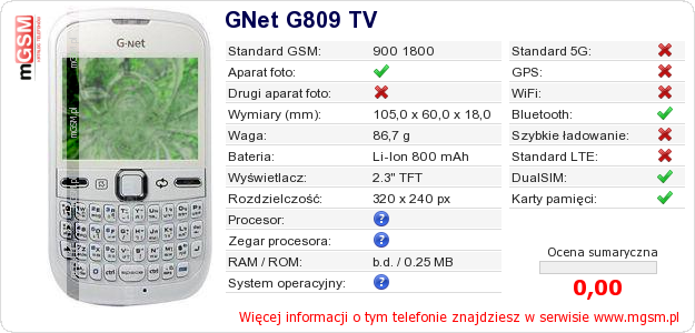 Dane telefonu GNet G809 TV
