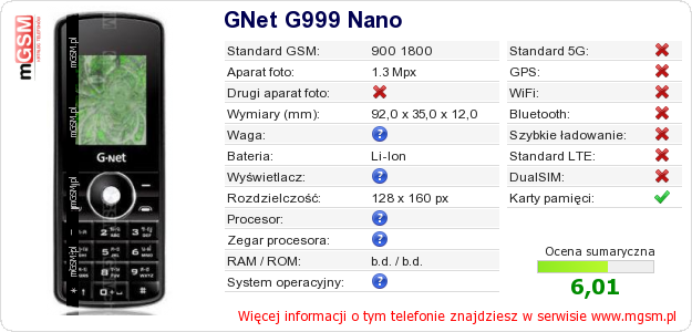 Dane telefonu GNet G999 Nano