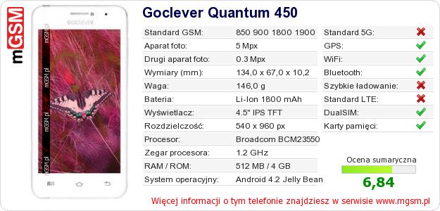 Dane telefonu Goclever Quantum 450 Dane telefonu Goclever Quantum 450