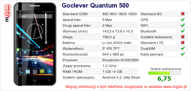 Dane telefonu Goclever Quantum 500