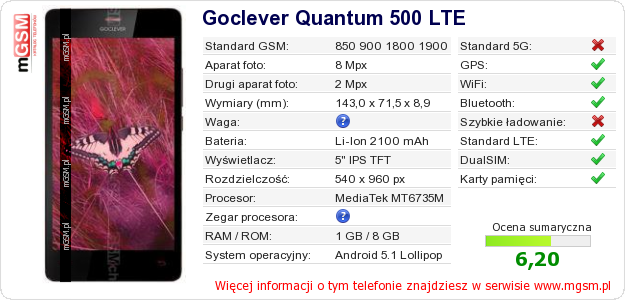 Dane telefonu Goclever Quantum 500 LTE
