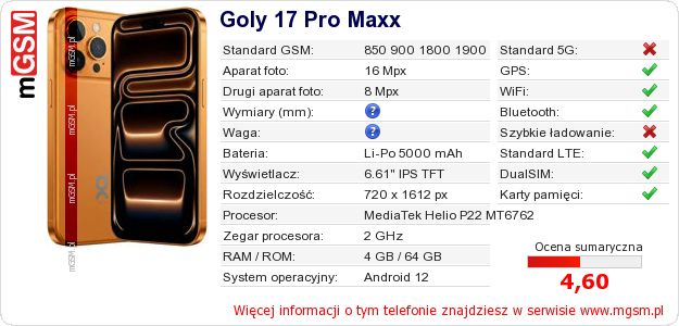 Dane telefonu Goly 17 Pro Maxx