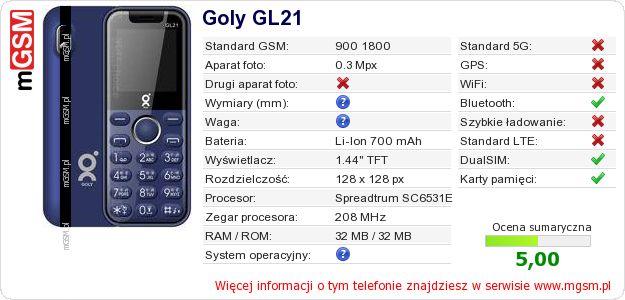 Dane telefonu Goly GL21 Dane telefonu Goly GL21