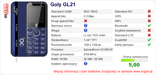 Dane telefonu Goly GL21