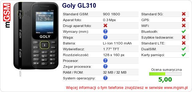 Dane telefonu Goly GL310