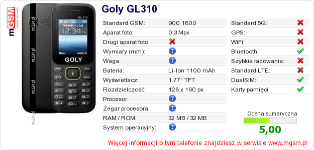 Dane telefonu Goly GL310