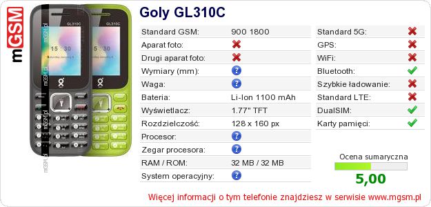 Dane telefonu Goly GL310C