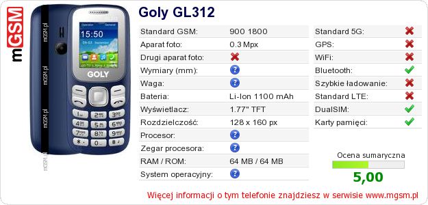 Dane telefonu Goly GL312 Dane telefonu Goly GL312