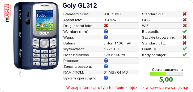 Dane telefonu Goly GL312