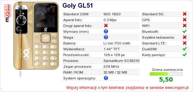 Dane telefonu Goly GL51 Dane telefonu Goly GL51