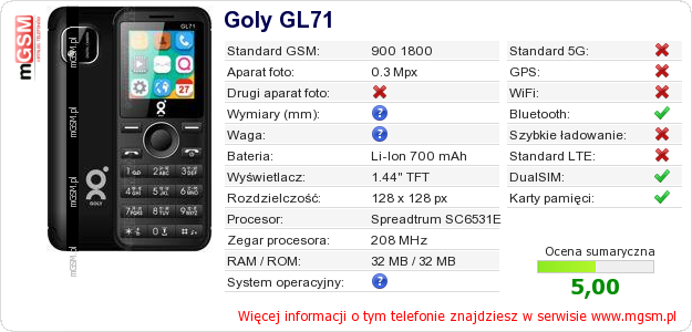 Dane telefonu Goly GL71
