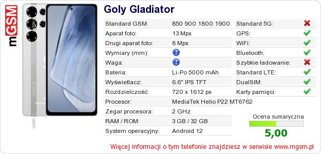 Dane telefonu Goly Gladiator Dane telefonu Goly Gladiator