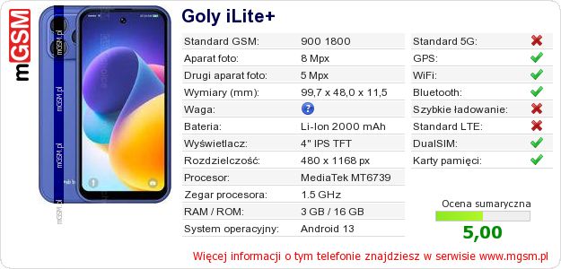 Dane telefonu Goly iLite+ Dane telefonu Goly iLite+