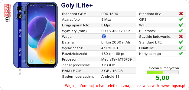 Dane telefonu Goly iLite+