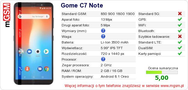 Dane telefonu Gome C7 Note Dane telefonu Gome C7 Note
