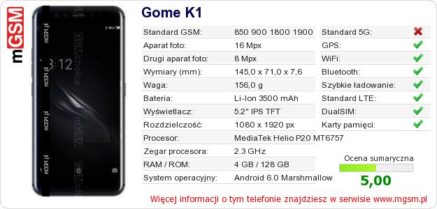 Dane telefonu Gome K1 Dane telefonu Gome K1