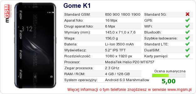 Dane telefonu Gome K1