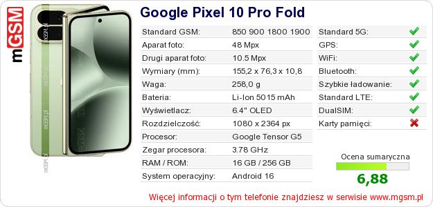 Dane telefonu Google Pixel 10 Pro Fold
