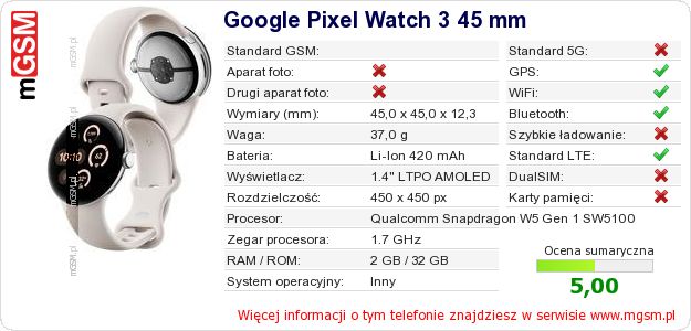 Dane telefonu Google Pixel Watch 3 45 mm