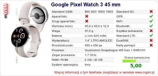 Dane telefonu Google Pixel Watch 3 45 mm