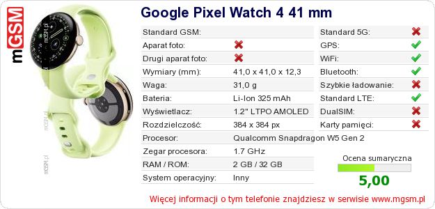 Dane telefonu Google Pixel Watch 4 41 mm
