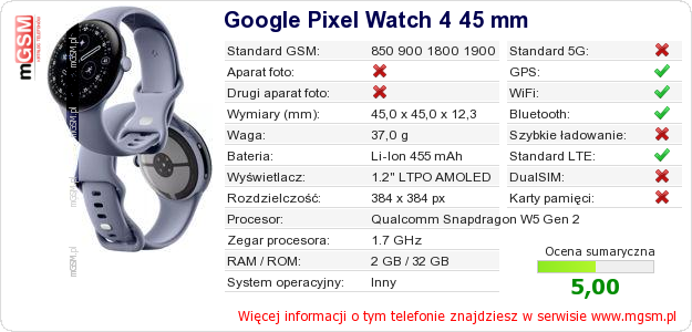 Dane telefonu Google Pixel Watch 4 45 mm