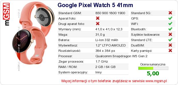 Dane telefonu Google Pixel Watch 5 41mm