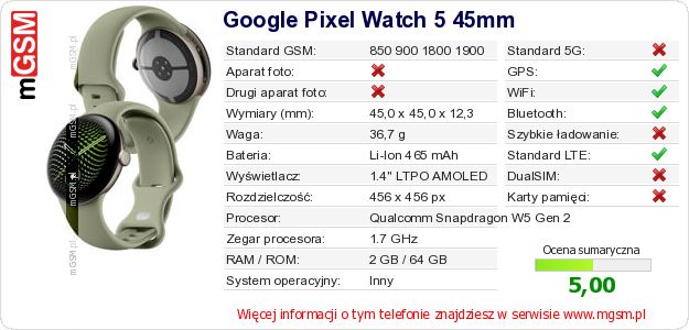 Dane telefonu Google Pixel Watch 5 45mm
