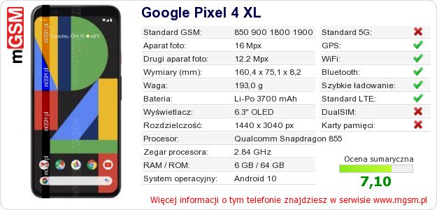 Dane telefonu Google Pixel 4 XL