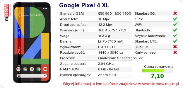 Dane telefonu Google Pixel 4 XL