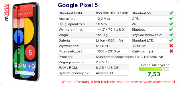 Dane telefonu Google Pixel 5