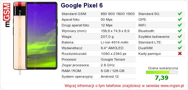 Dane telefonu Google Pixel 6