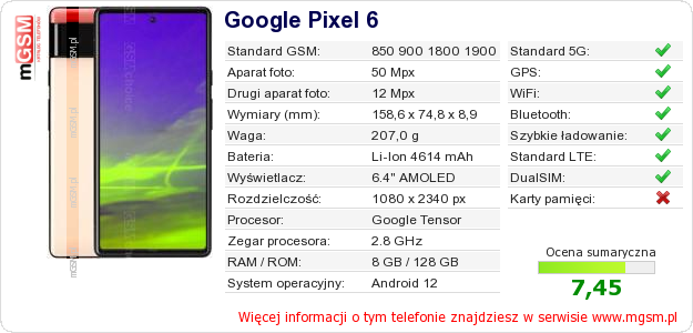 Dane telefonu Google Pixel 6
