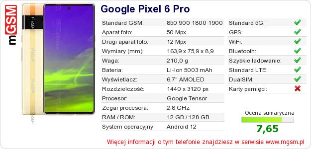 Dane telefonu Google Pixel 6 Pro
