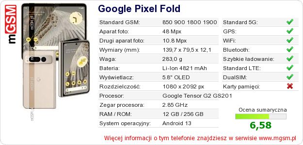 Dane telefonu Google Pixel Fold