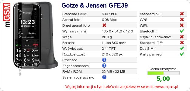 Dane telefonu Gotze & Jensen GFE39