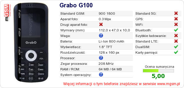 Dane telefonu Grabo G100