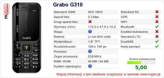 Dane telefonu Grabo G310