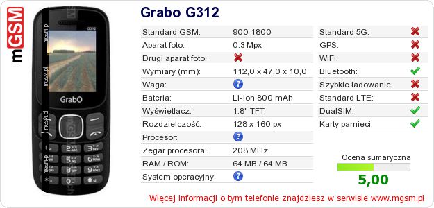 Dane telefonu Grabo G312 Dane telefonu Grabo G312