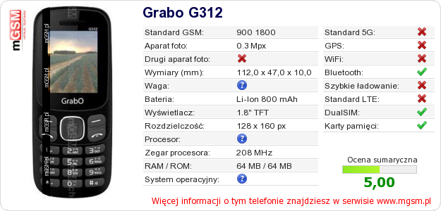Dane telefonu Grabo G312