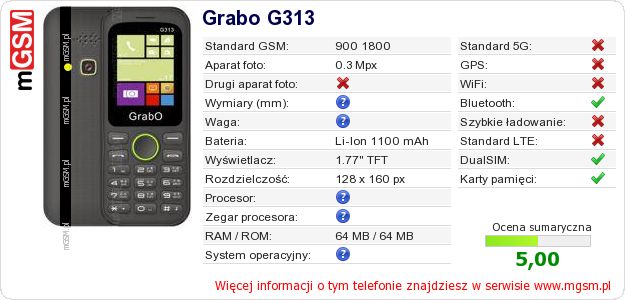 Dane telefonu Grabo G313
