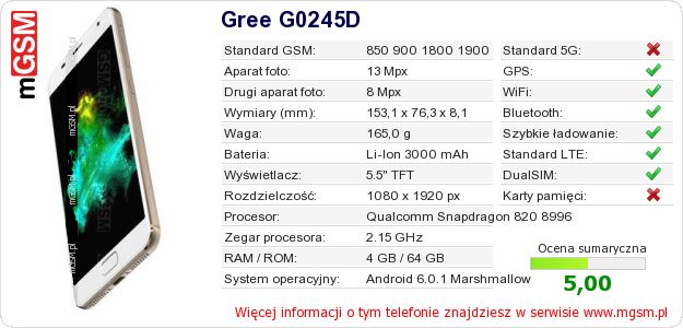 Dane telefonu Gree G0245D Dane telefonu Gree G0245D