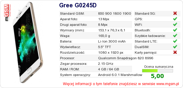 Dane telefonu Gree G0245D