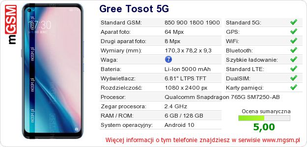 Dane telefonu Gree Tosot 5G