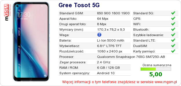 Dane telefonu Gree Tosot 5G