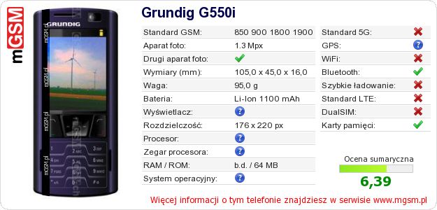 Dane telefonu Grundig G550i